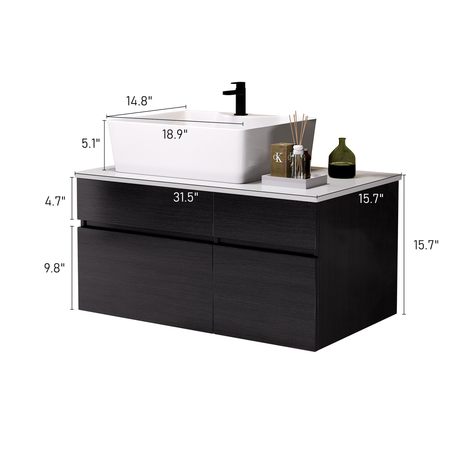 31.5 In Black Floating Wall-Mounted Cabinet Vanity W/White Ceramic Sink Bathroom