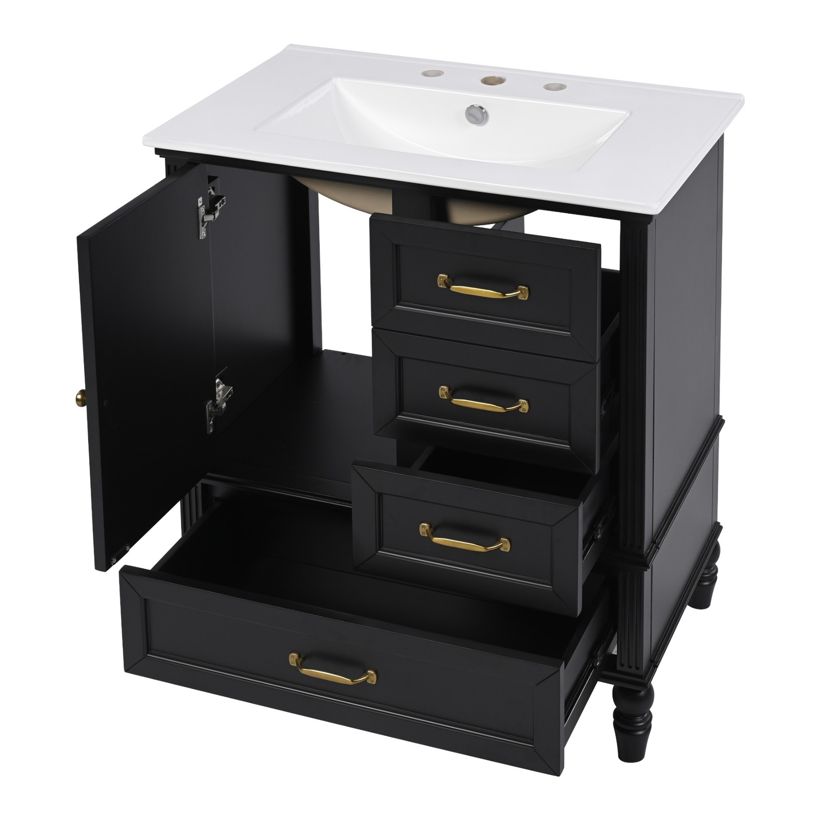 30″ Bathroom Vanity with Sink & Cabinet, Black, Solid Wood & MDF