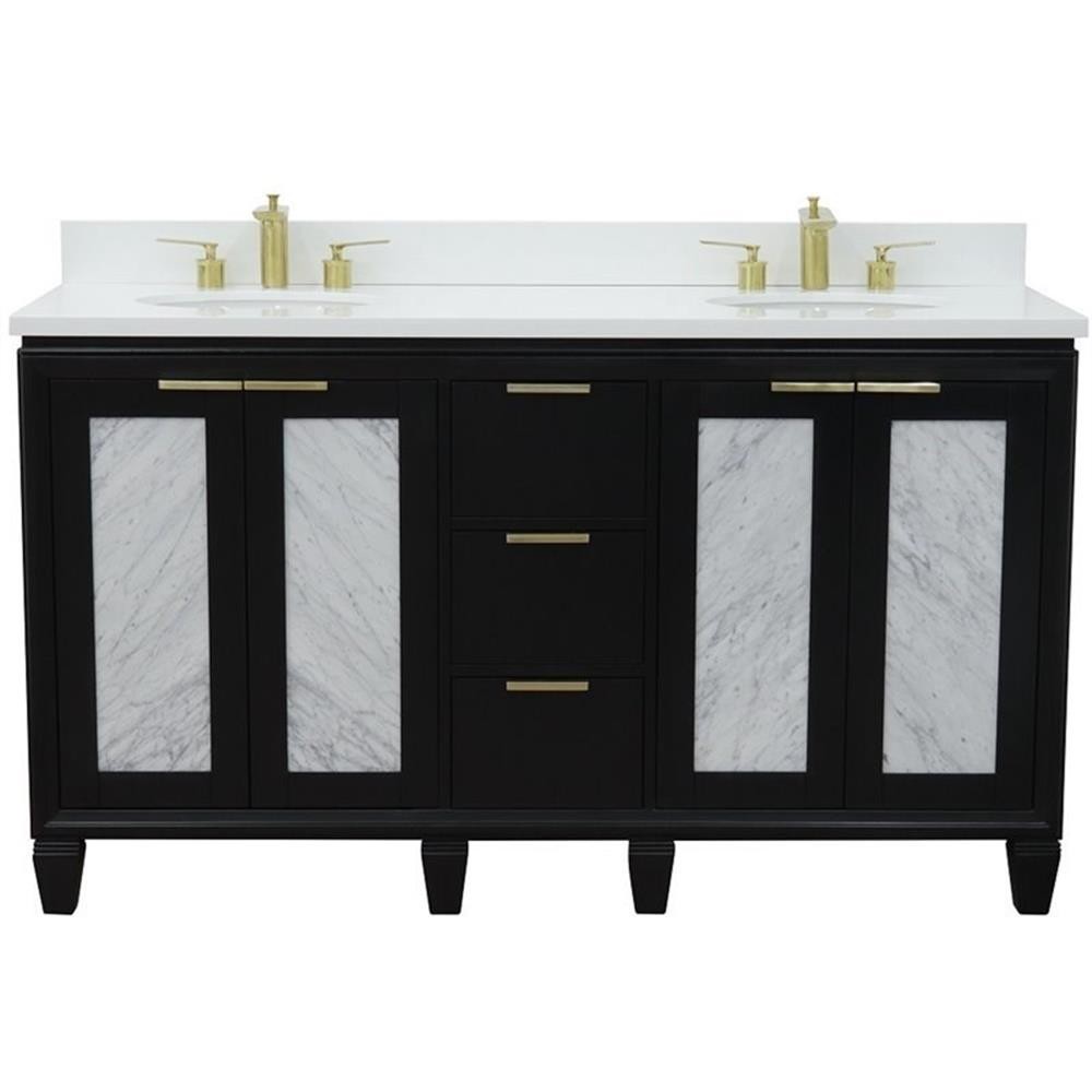 Trento 61″ Double Oval Sink Solid Wood Vanity in Blue/White Quartz Stone