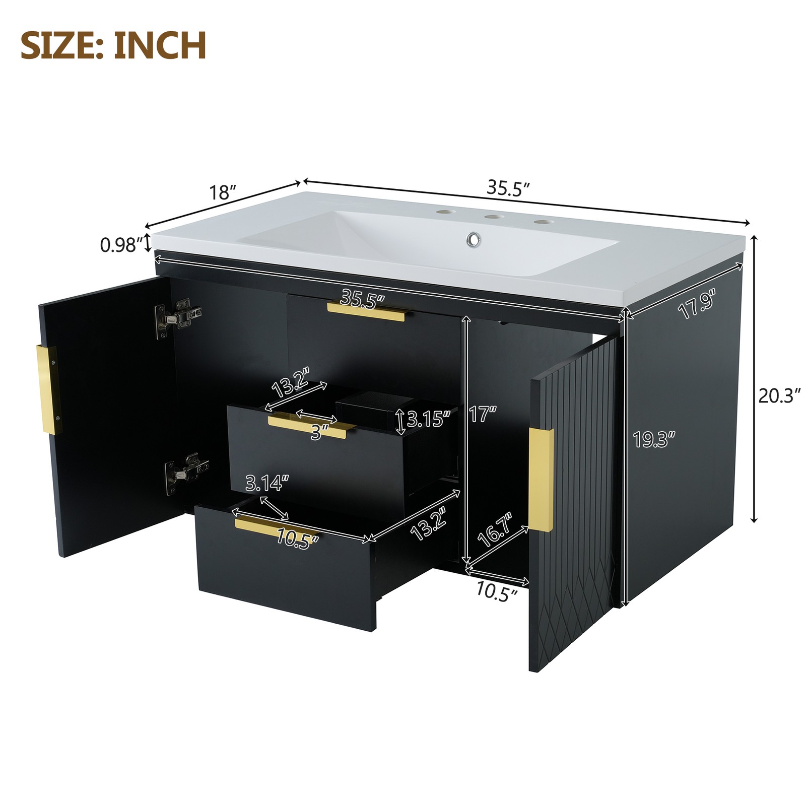 Wall-mounted bathroom solid wood dressing table with resin sink and 2 drawers