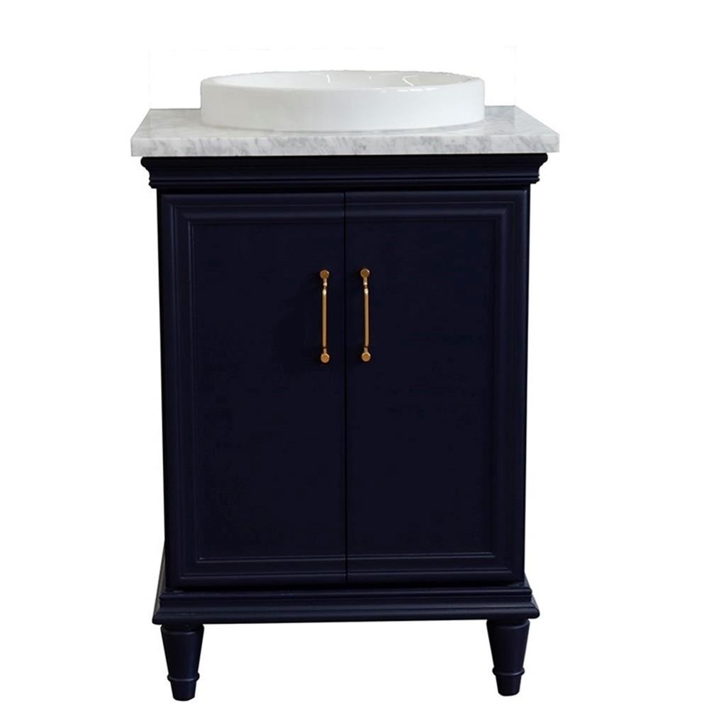 25 in. Single Wooden Vanity Blue with White Carrara Round Sink