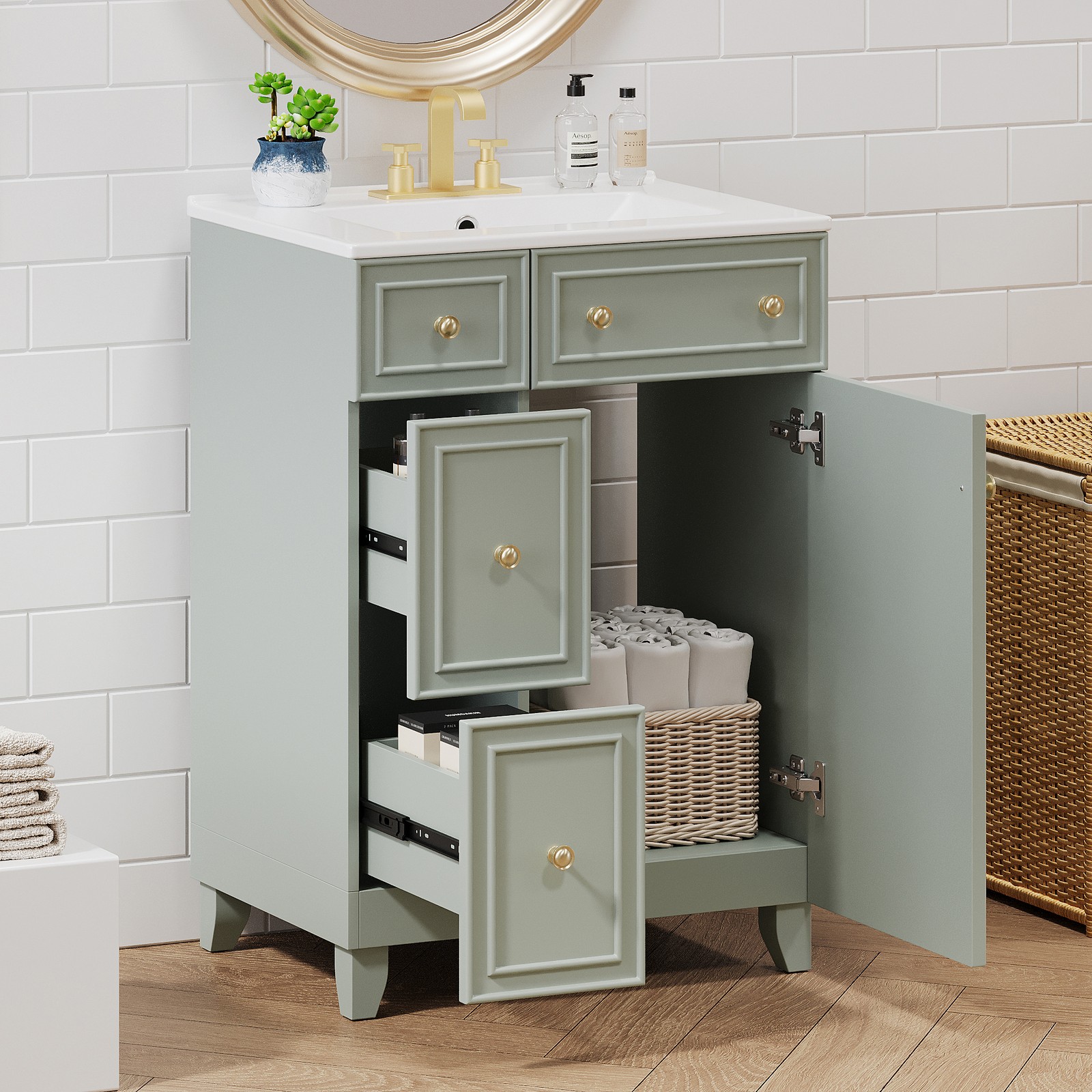 24″ Bathroom Vanity Cabinet with Ceramic Sink, 2 Drawers, 1 Door