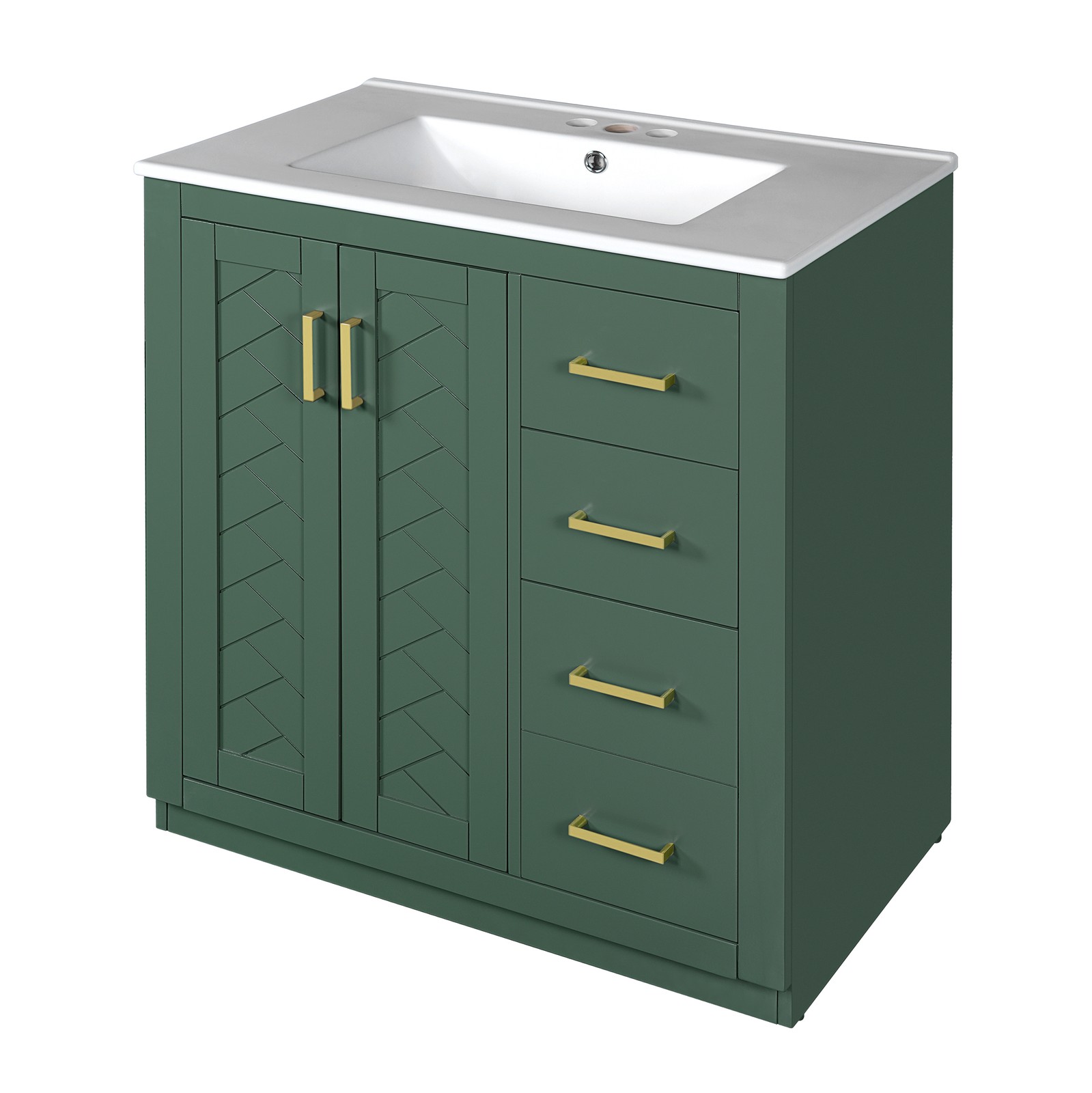 30″ Bathroom Vanity with Ceramic Sink, Solid Wood Frame, 3 Drawers