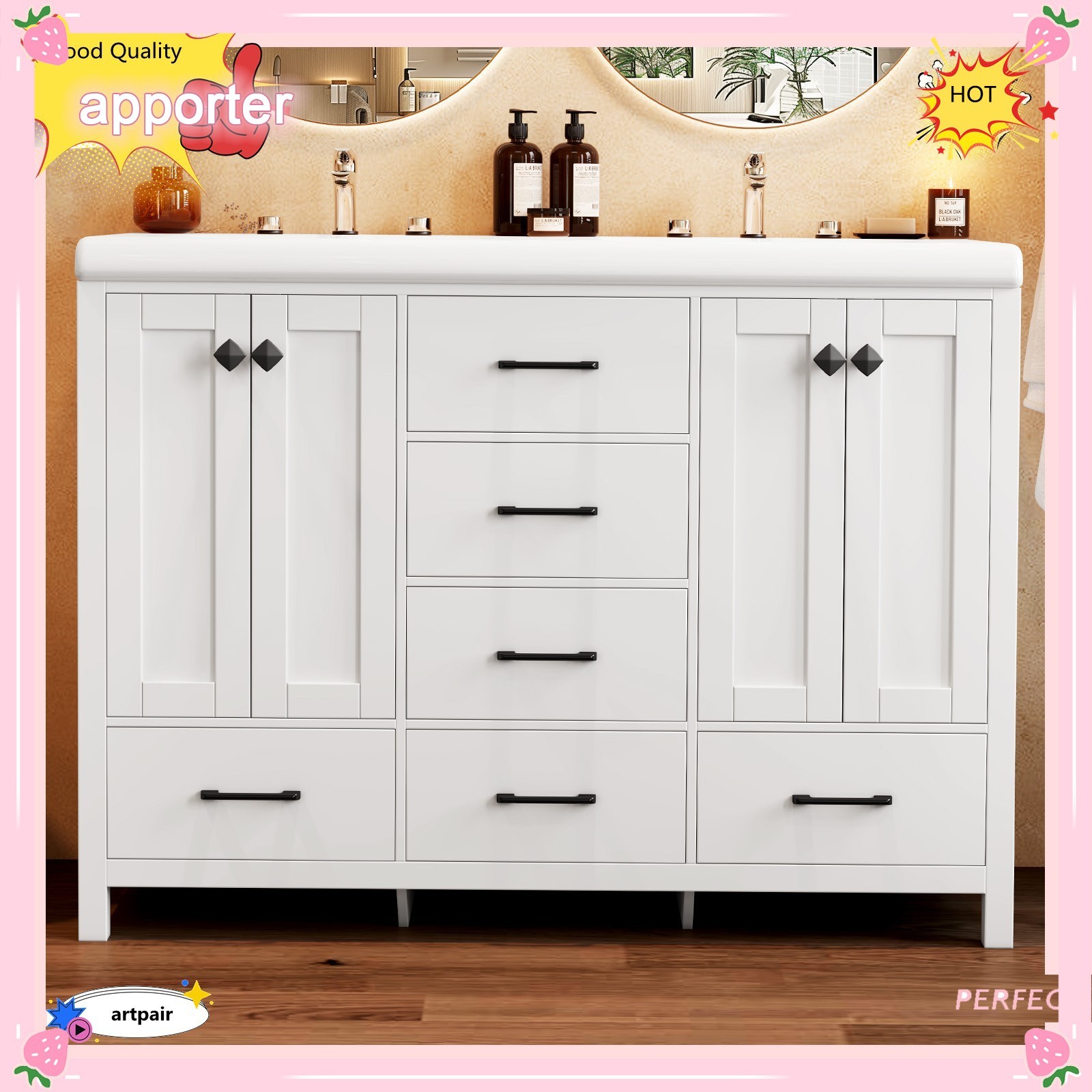 Yamissi Freestanding Bathroom Cabinet 47” with 5Drawers and Cabinet Double-Sink