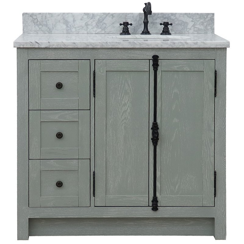 Plantation Solid Wood Vanity with Right Oval Sink in White/Gray Ash