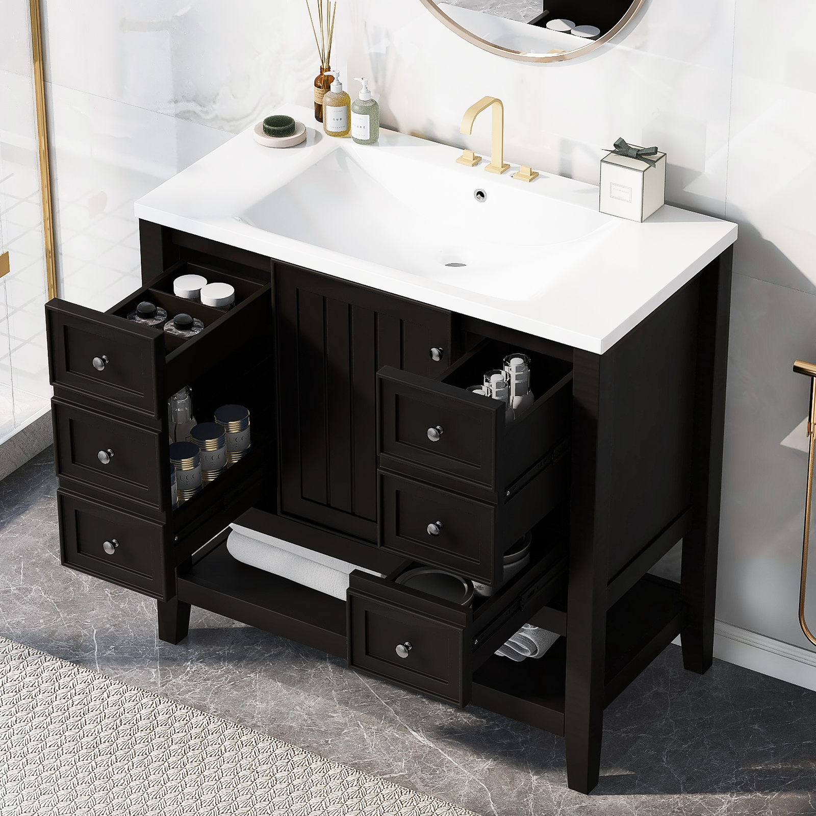 36″ Bathroom Vanity w/Sink,Freestanding Bath Vanity Cabinet,3 Drawers,Open Shelf
