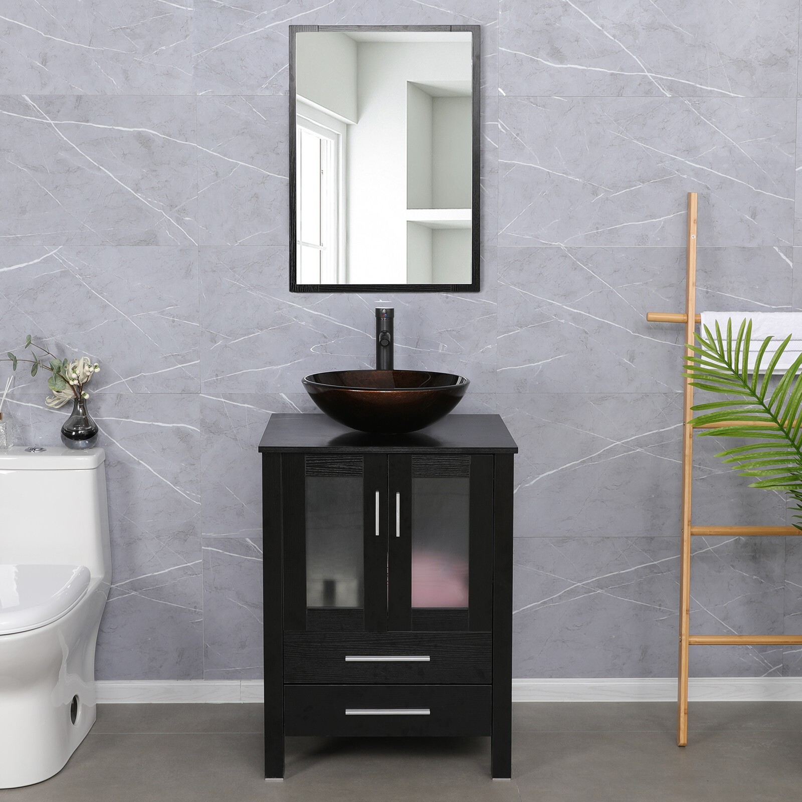 24″ Black Bathroom Vanity Set Round Tempered Glass Vessel Sink No Mirror