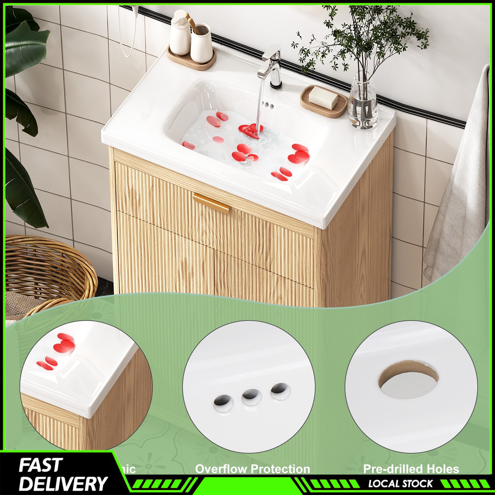 23.6 Inch Bathroom Vanity Wooden Freestanding Cabinet Ceramic Sink for Bathroom