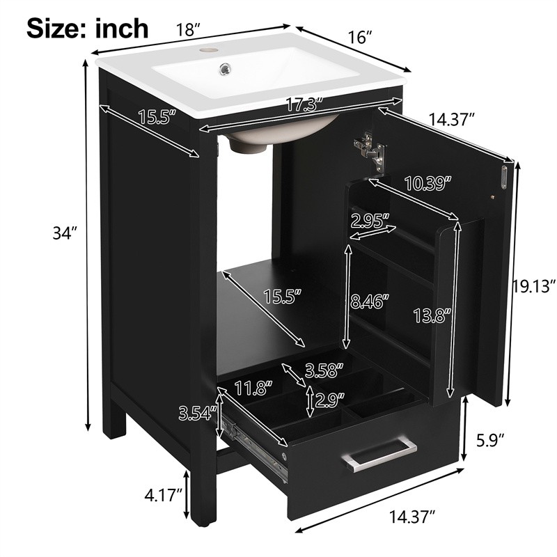 18″ Modern Bathroom Vanity with Ceramic Sink,Soft-Close Drawers & Door Organizer