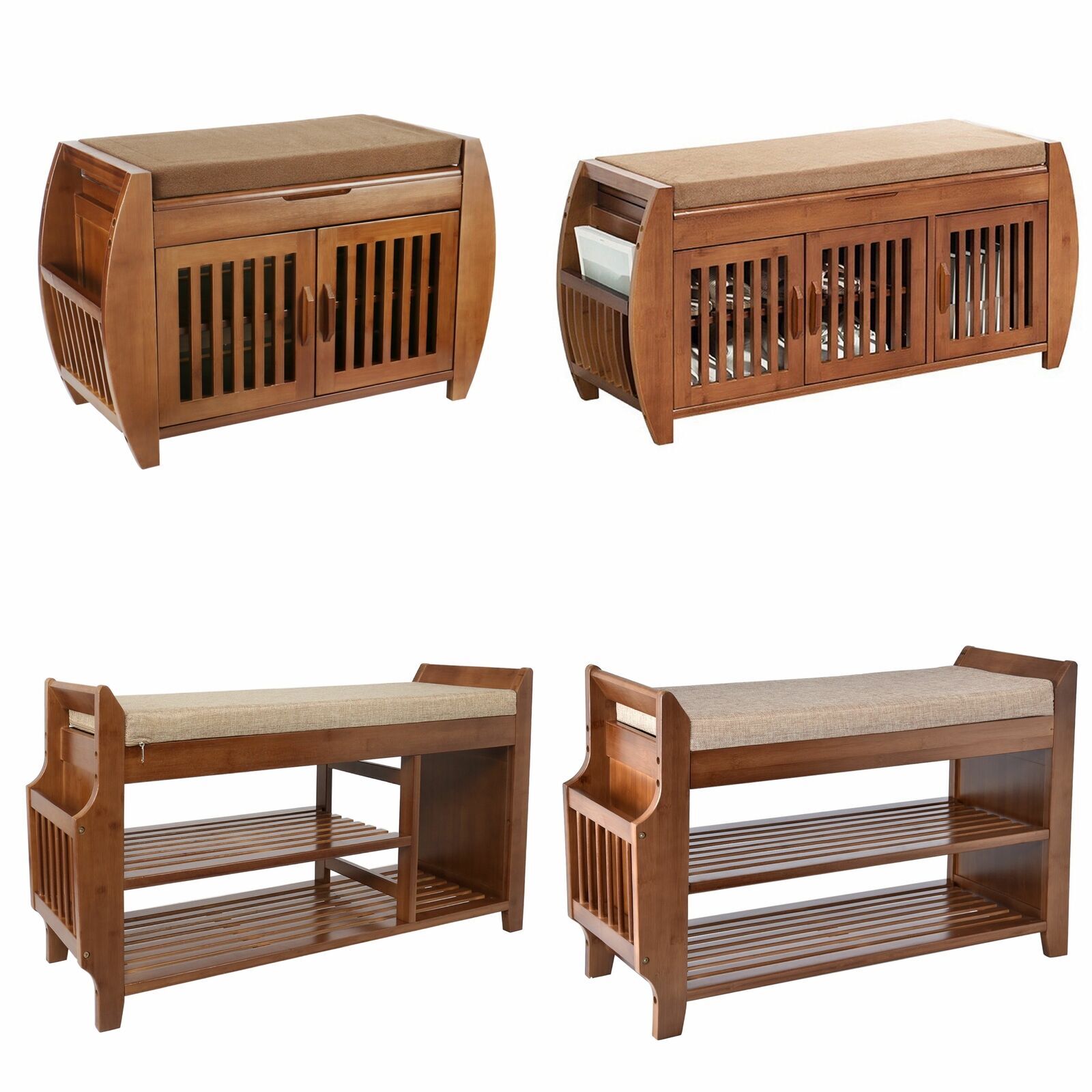 Bamboo Shoe Bench Storage Rack Organizer 2 Tier with Removable Cushion Entryway
