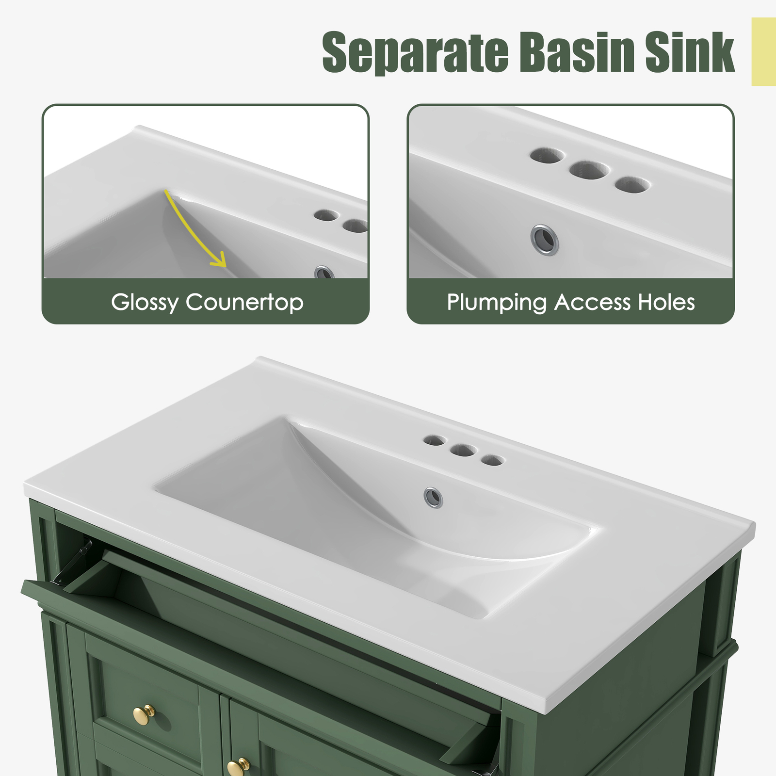 30” Bathroom Vanity with Top Ceramic Sink Modern Storage Cabinet with 2 Drawers