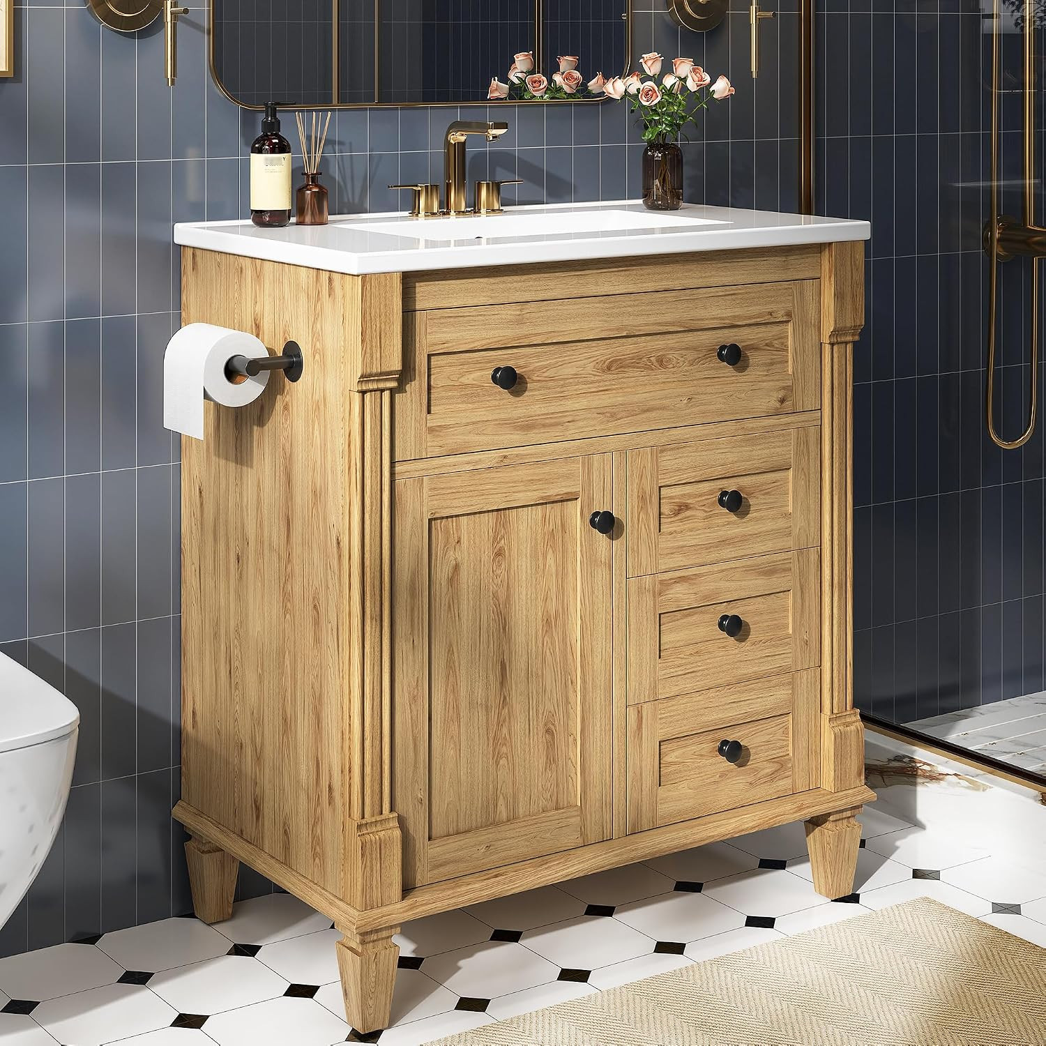 30 Inch Bathroom Vanity with Sink, Towel Holder & Adjustable Solid Wood Legs for