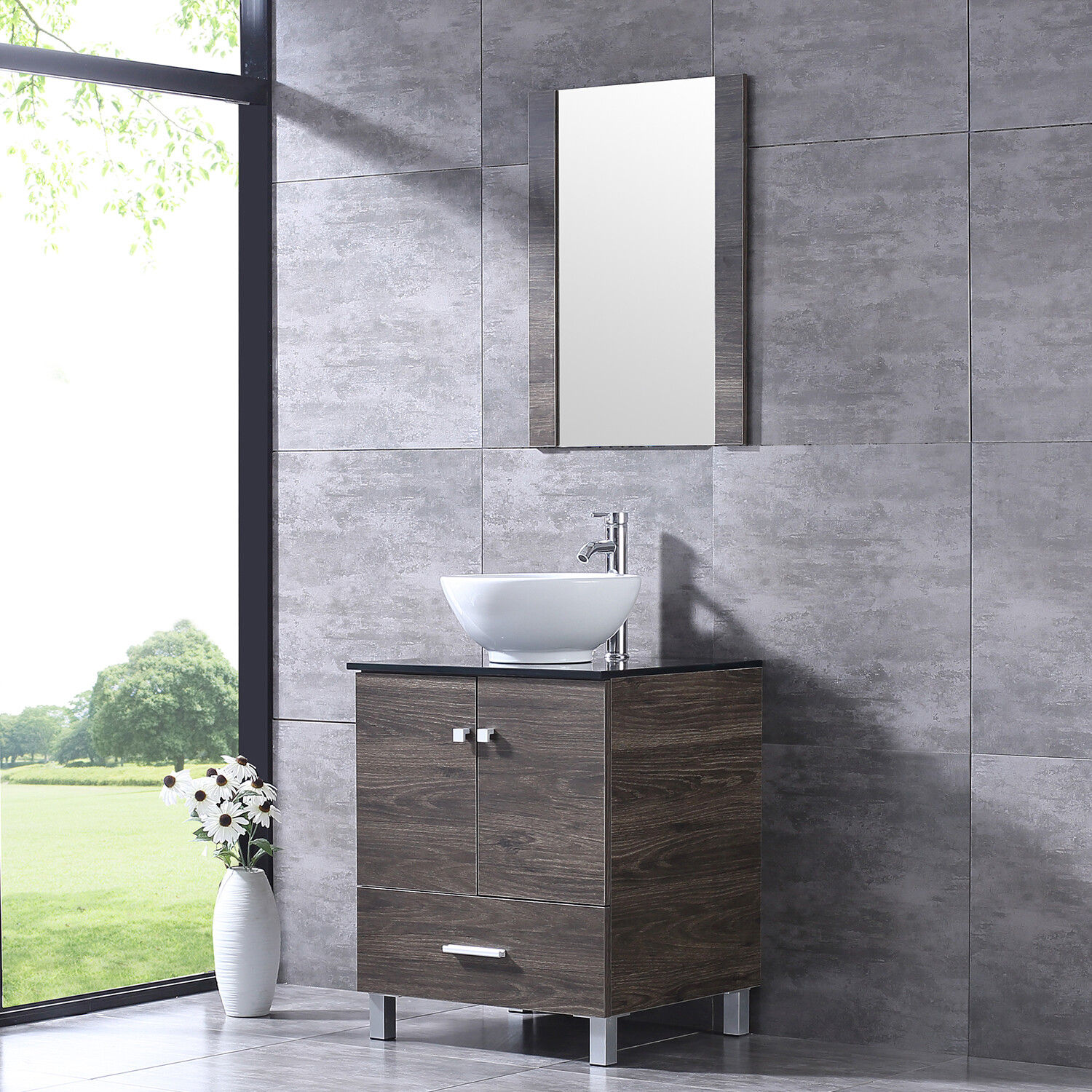 24″ Bathroom Vanity Wood Cabinet Ceramic Sink Brown Mirror Combo w/Faucet Drain