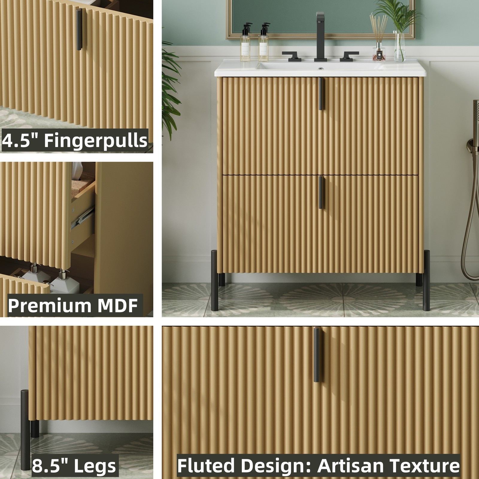 30″ Bathroom Vanity with Ceramic Sink Freestanding Bathroom Vanity w/2 Drawers