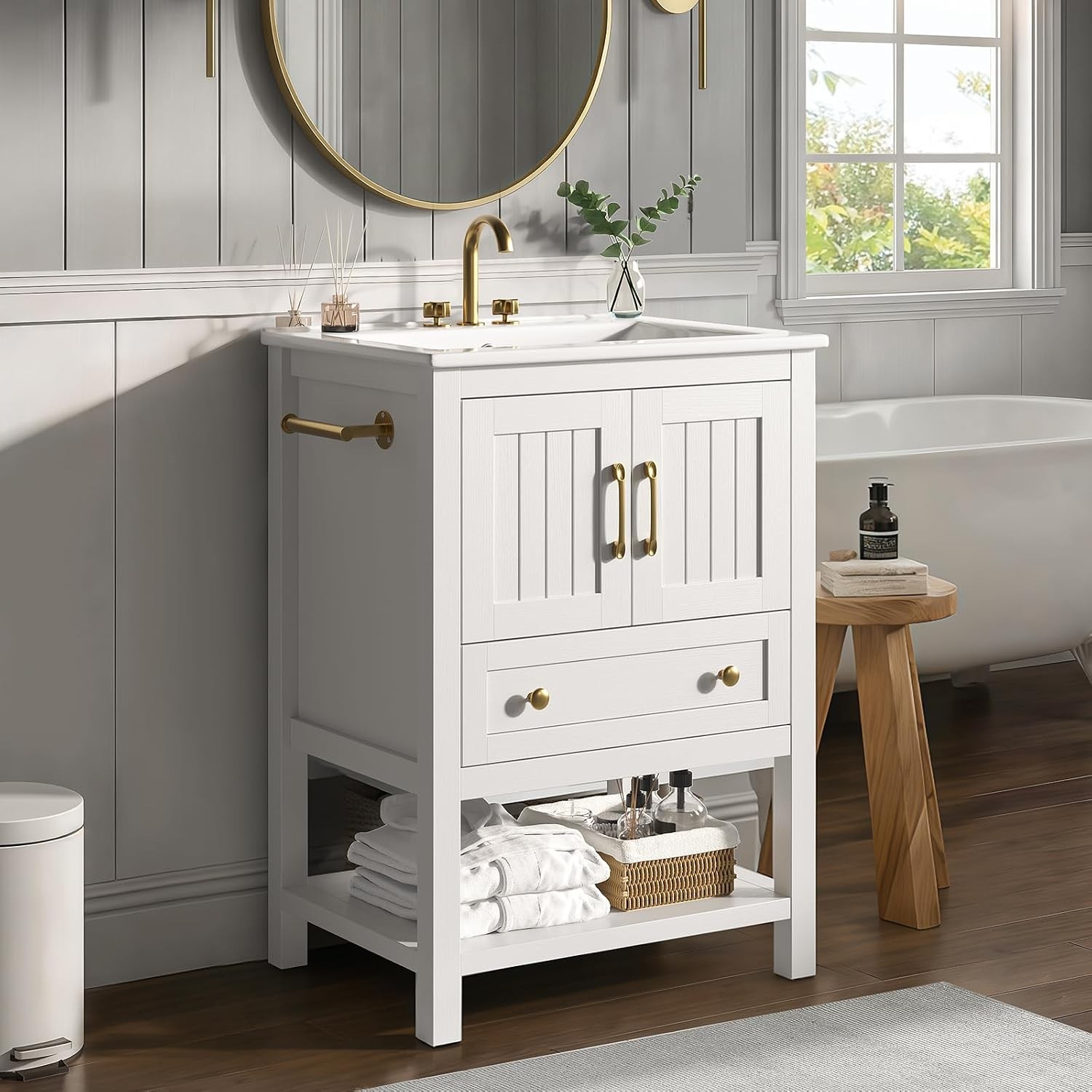 24 Bathroom Vanity with Sink and Towel Holder Modern White