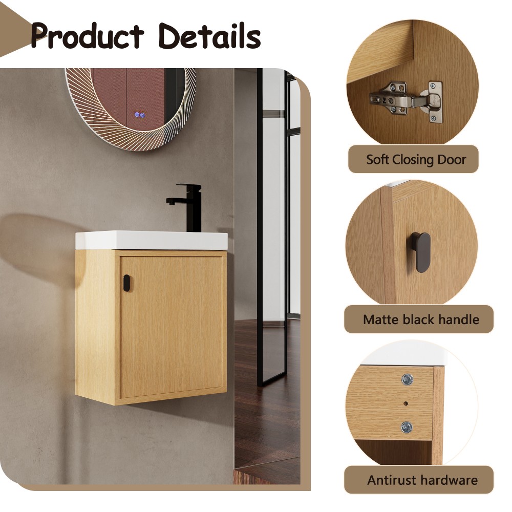 18.5-inch wall-mounted bathroom vanity overhangs to save space