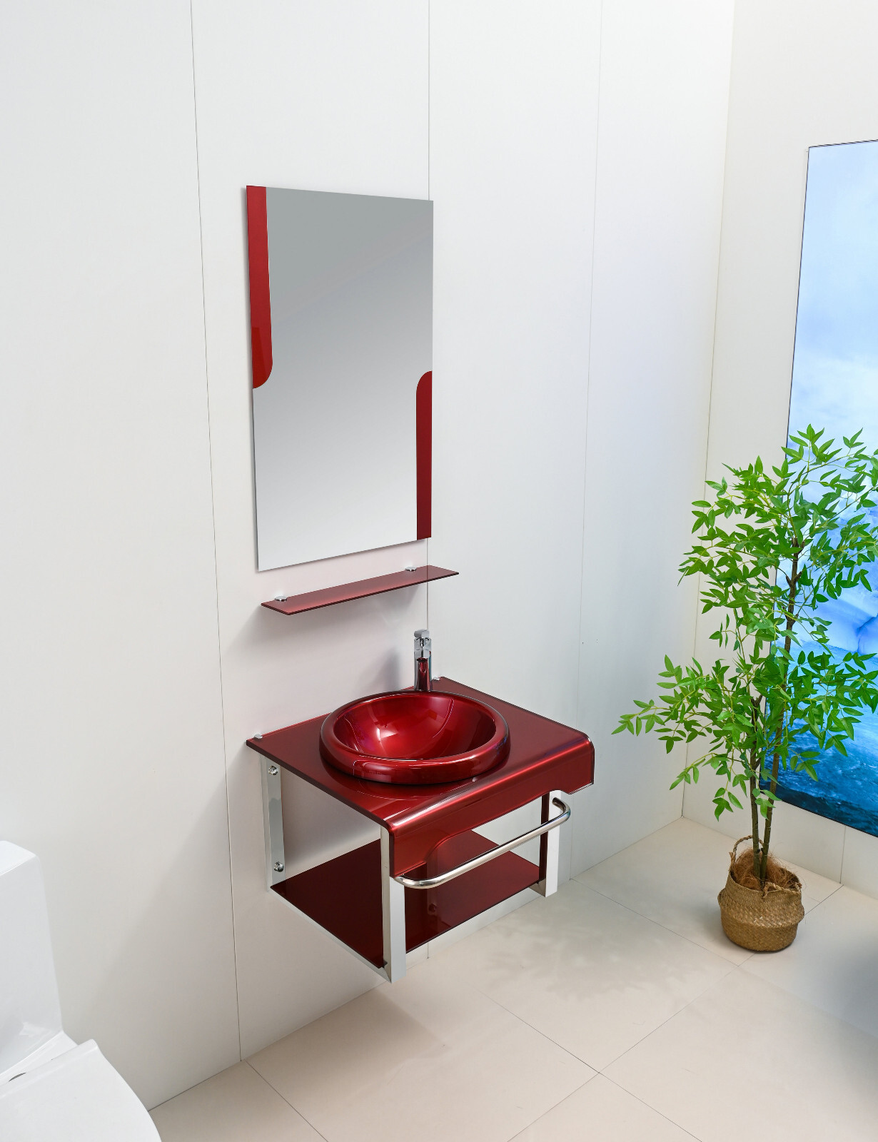 24″ Wide Modern Tempered Glass & Stainless-Steel Set include mirror and shelve