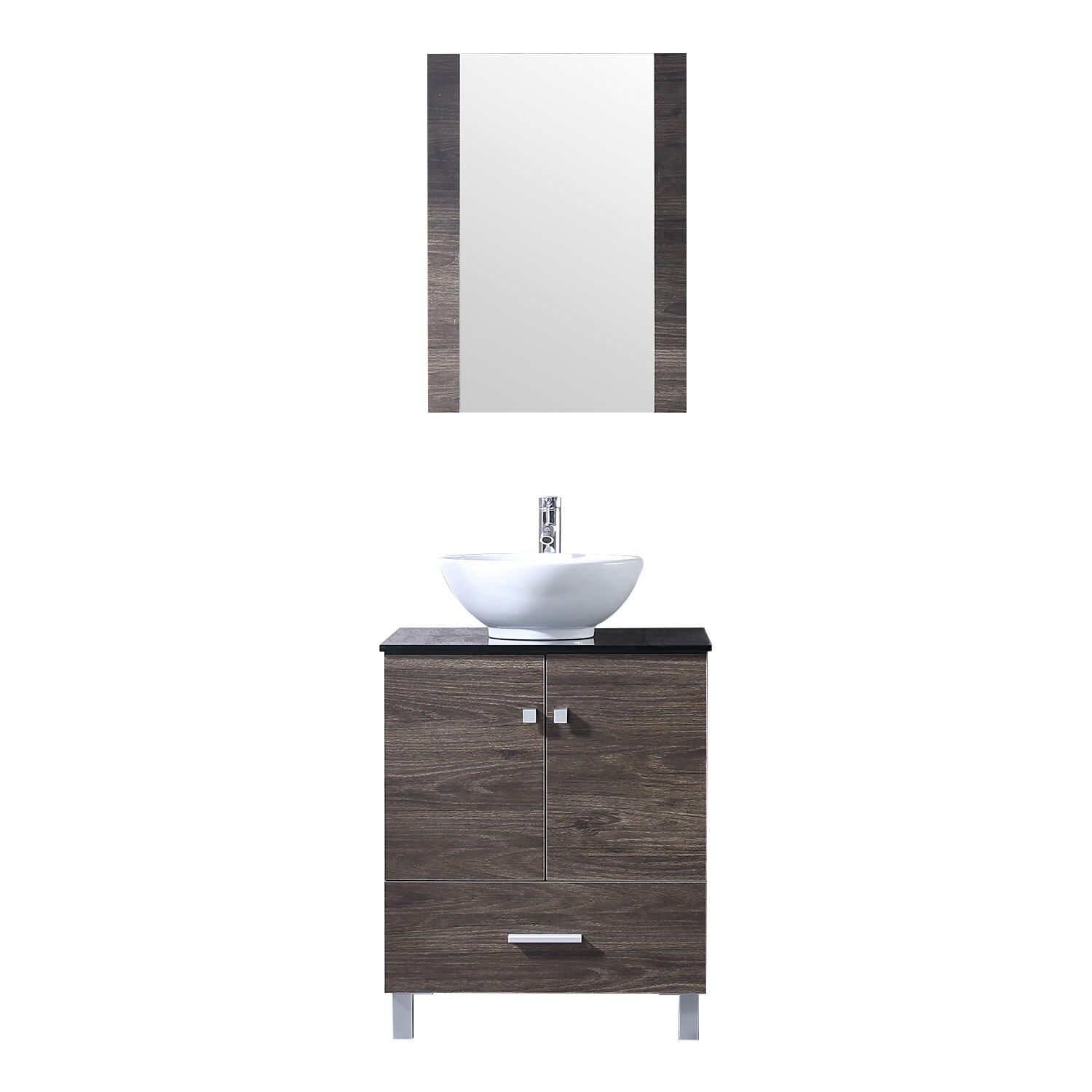 24″ Bathroom Vanity Wood Cabinet Ceramic Sink Brown Mirror Combo w/Faucet Drain