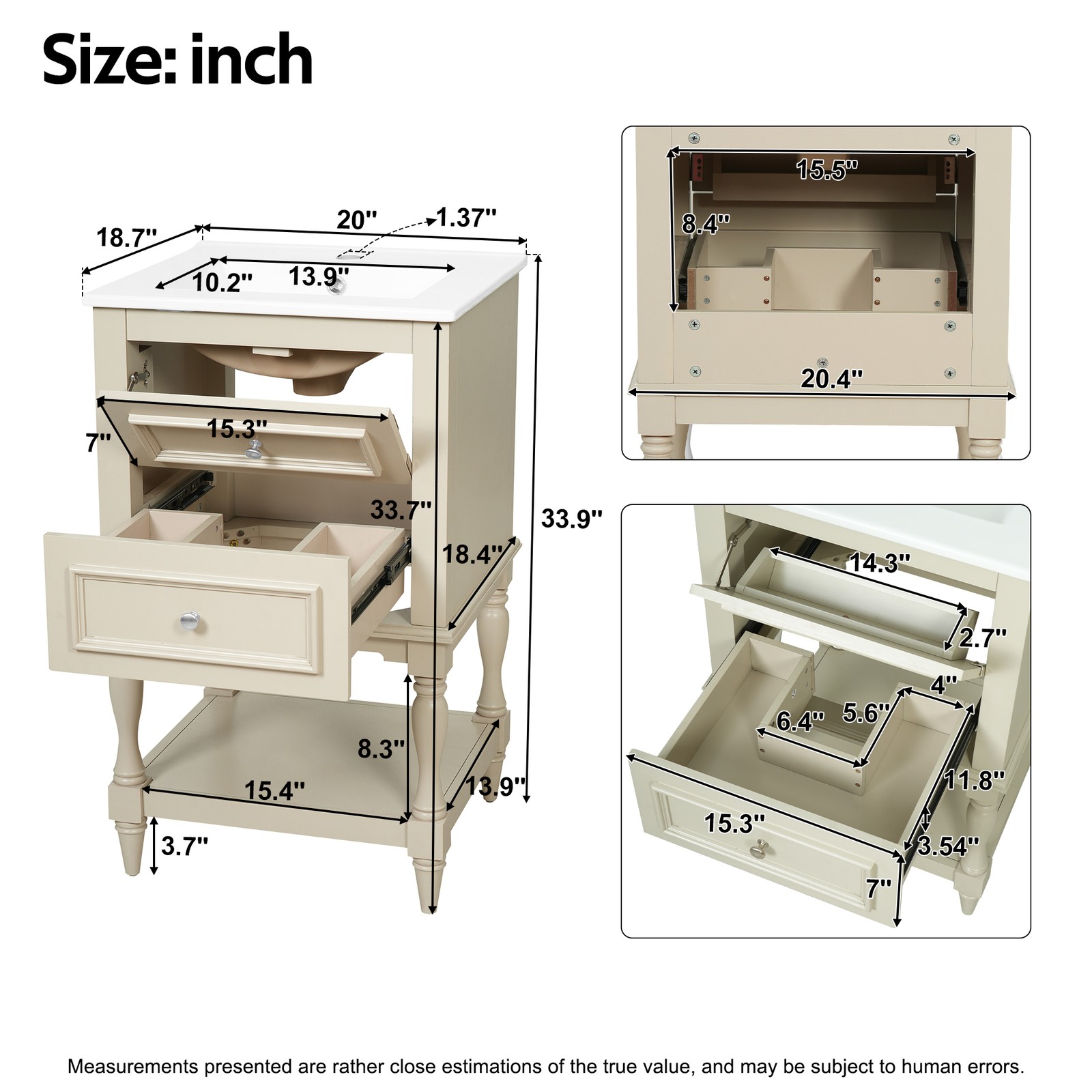 FUNIDEE 20” Bathroom Vanity Set Storage Cabinet with Ceramic Sink Combo Beige