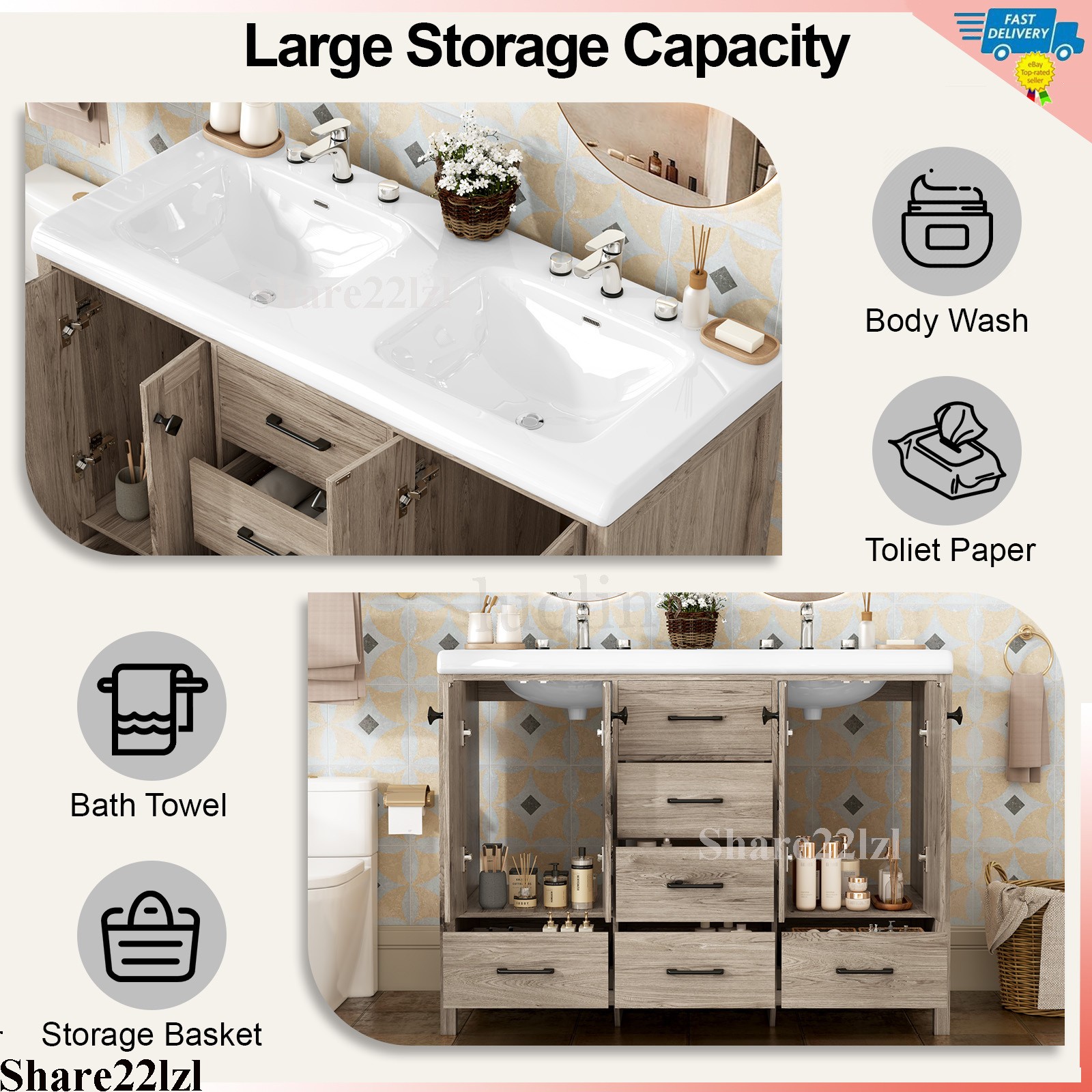 47″ Bathroom Vanity with Double Sink Combo Storage Cabinet w/ Doors and Drawers