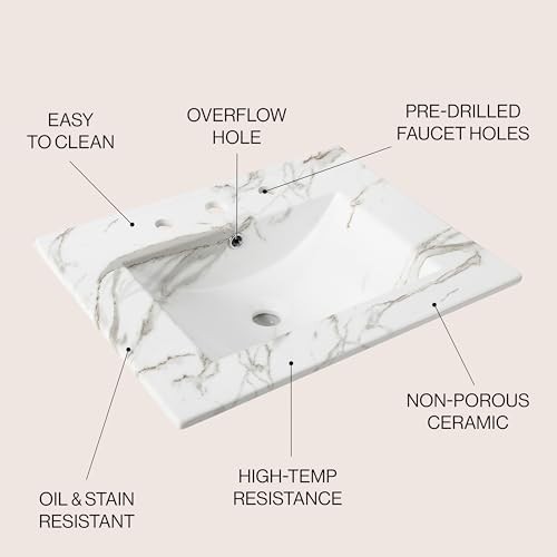 24” Rectangular Ceramic Vanity Top – Classic Contemporary Sink Basin, White Marb