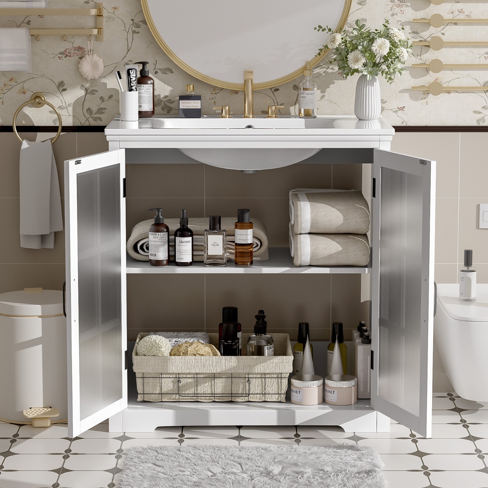 30″Bathroom Vanity with Ceramic Sink and Tempered Blurred Glass & Matte Handles