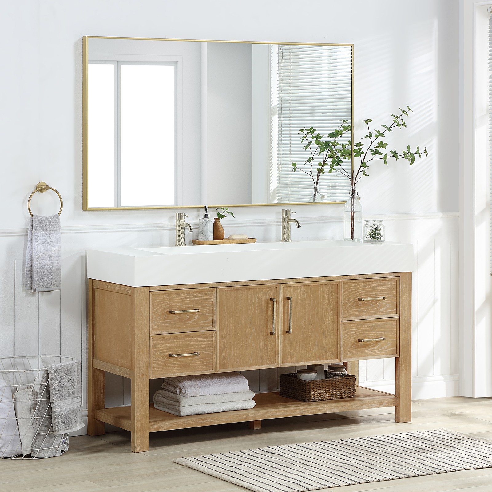 Vera 60″ Single Bath Vanity in Washed Ash Grey w/ White Integrated Sink & Mirror