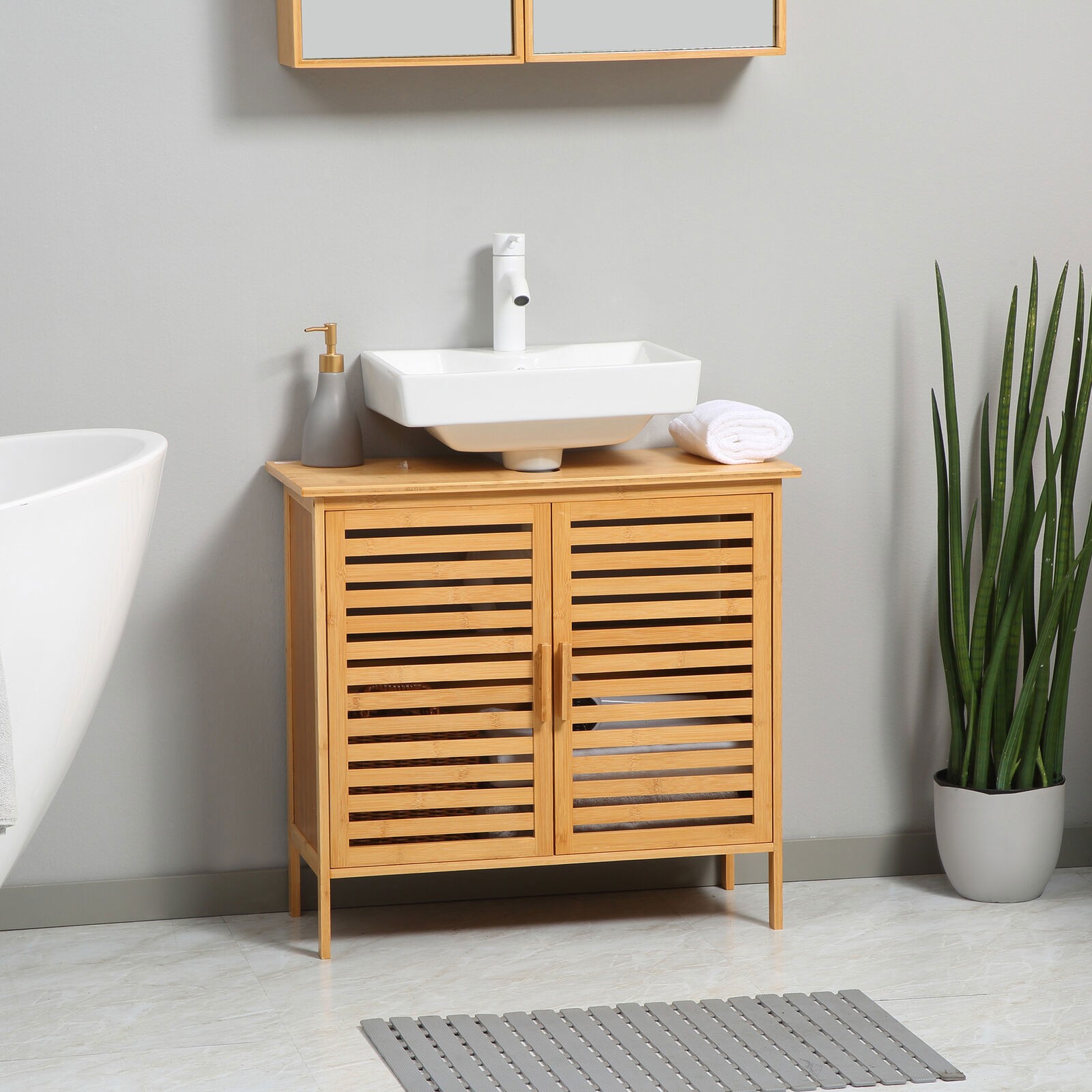 kleankin Freestanding Under Sink Cabinet with 2 Slatted Doors Bamboo Frame