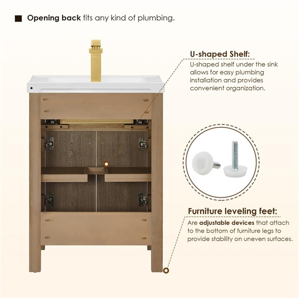 Pemberly Row 24″ Wood Vanity in Natural Oak Ceramic Integrated Sink no Mirror