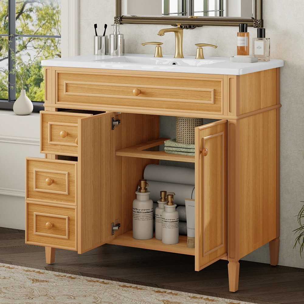 36″ Bathroom Vanity w/Sink,3 Drawers,Freestanding Storage Vanity 2 Doors Cabinet