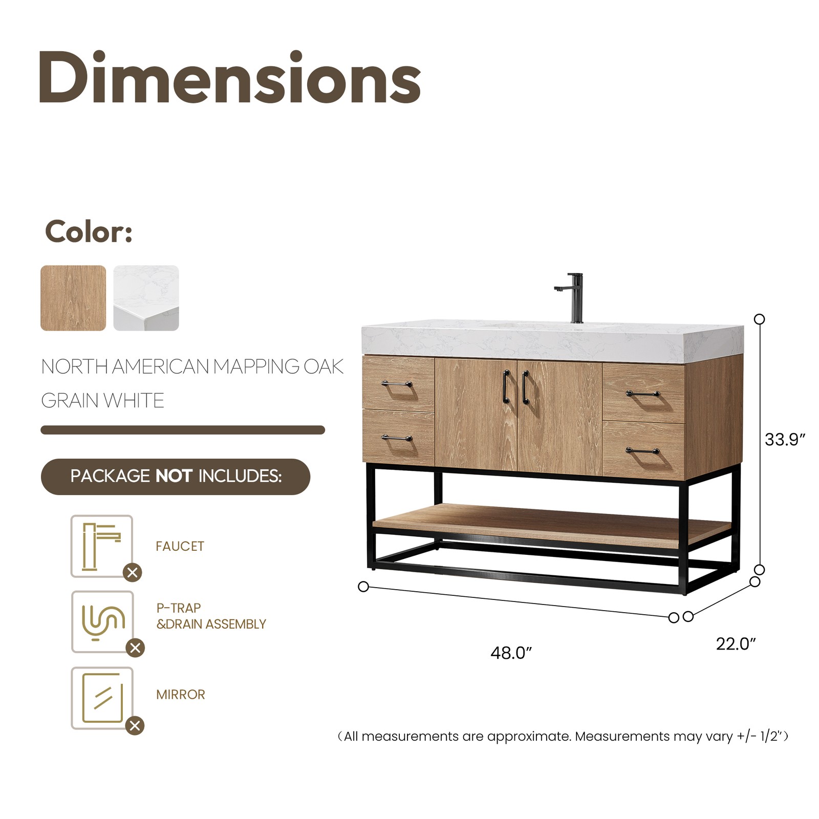 Vinnova Alistair 48″ White Stone Top Oak Single Vanity Black Frame w/o Mirror