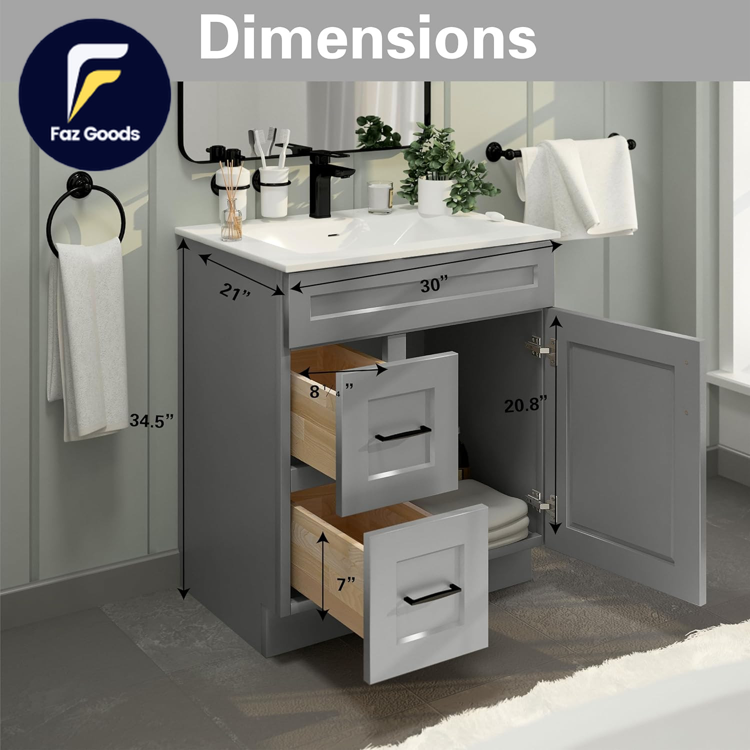 30″ Sink Base Bathroom Vanity with Drawer Light Grey Shaker