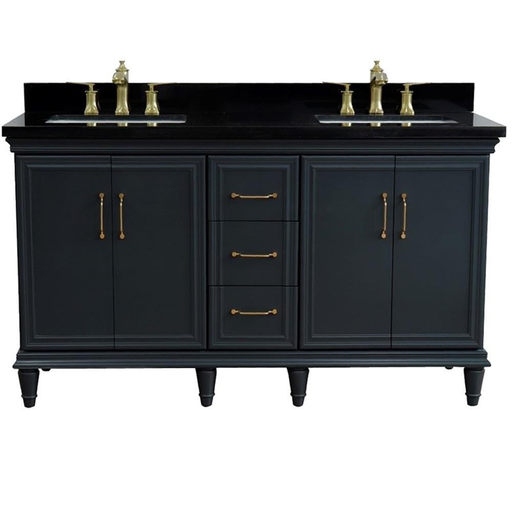 61 in. Double Wooden Vanity Dark Gray Black Galaxy Granite Rectangle Sink
