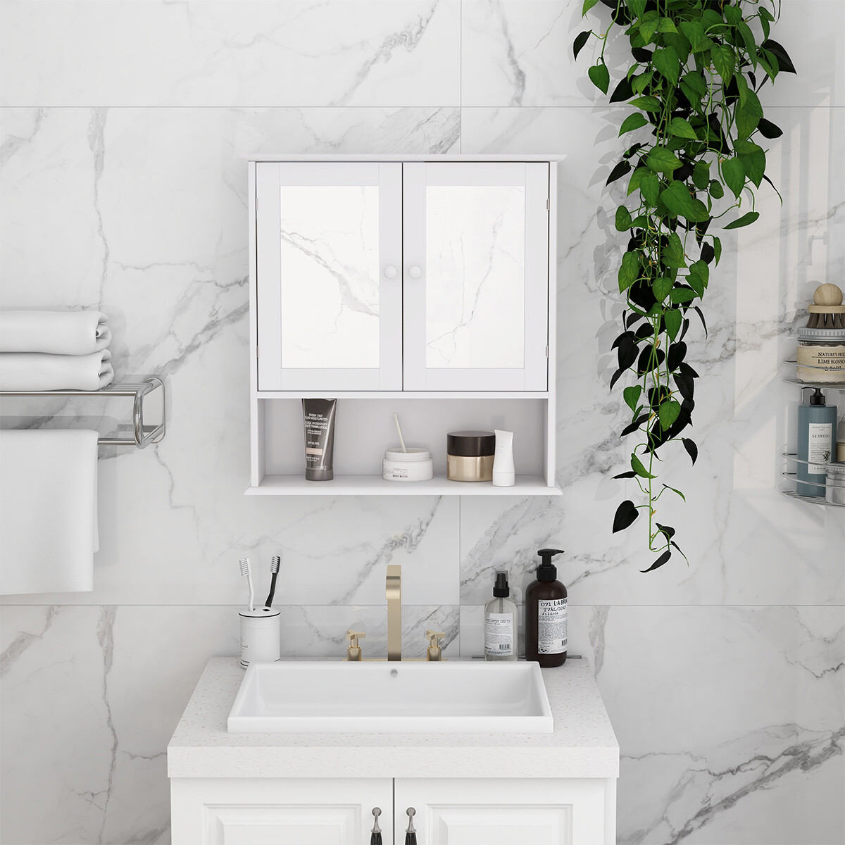 Bathroom Wall Vanity Cabinet with Doule Mirror Doors Shelvs Storage Organizer