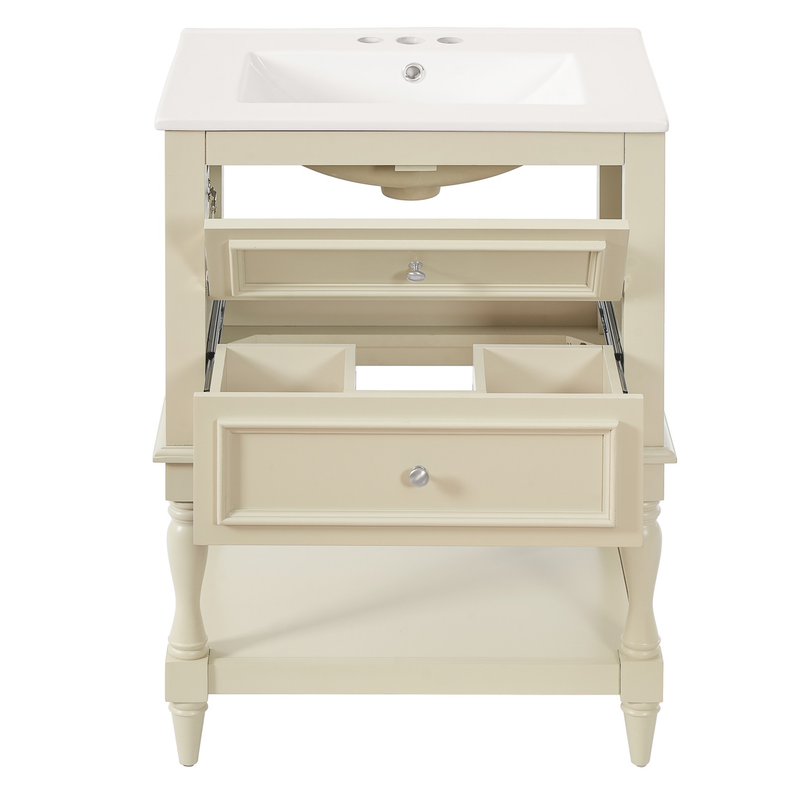 FUNIDEE 24″ Bathroom Vanity with Ceramic Sink Storage Cabinet w/ 2 Drawers Beige