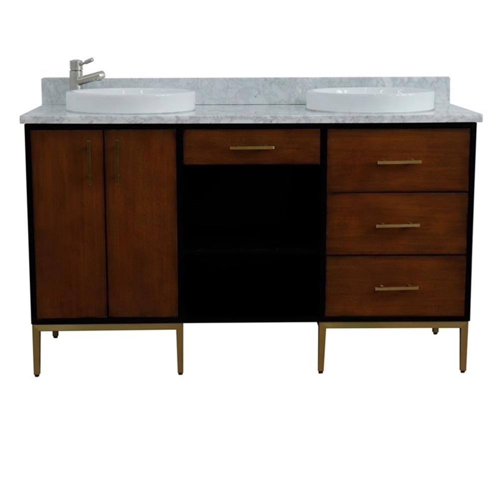 61 in. Double Wooden Vanity Walnut Black White Carrara Marble Round Sink
