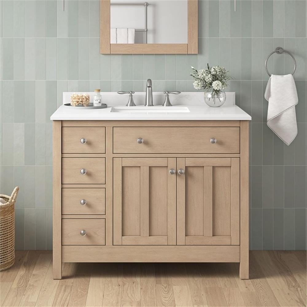 Pemberly Row 42″ Bathroom Vanity in Sahara Birch with White Countertop