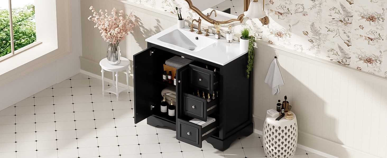 36 Inch Transitional Bathroom Vanity with Ceramic Sink, Black