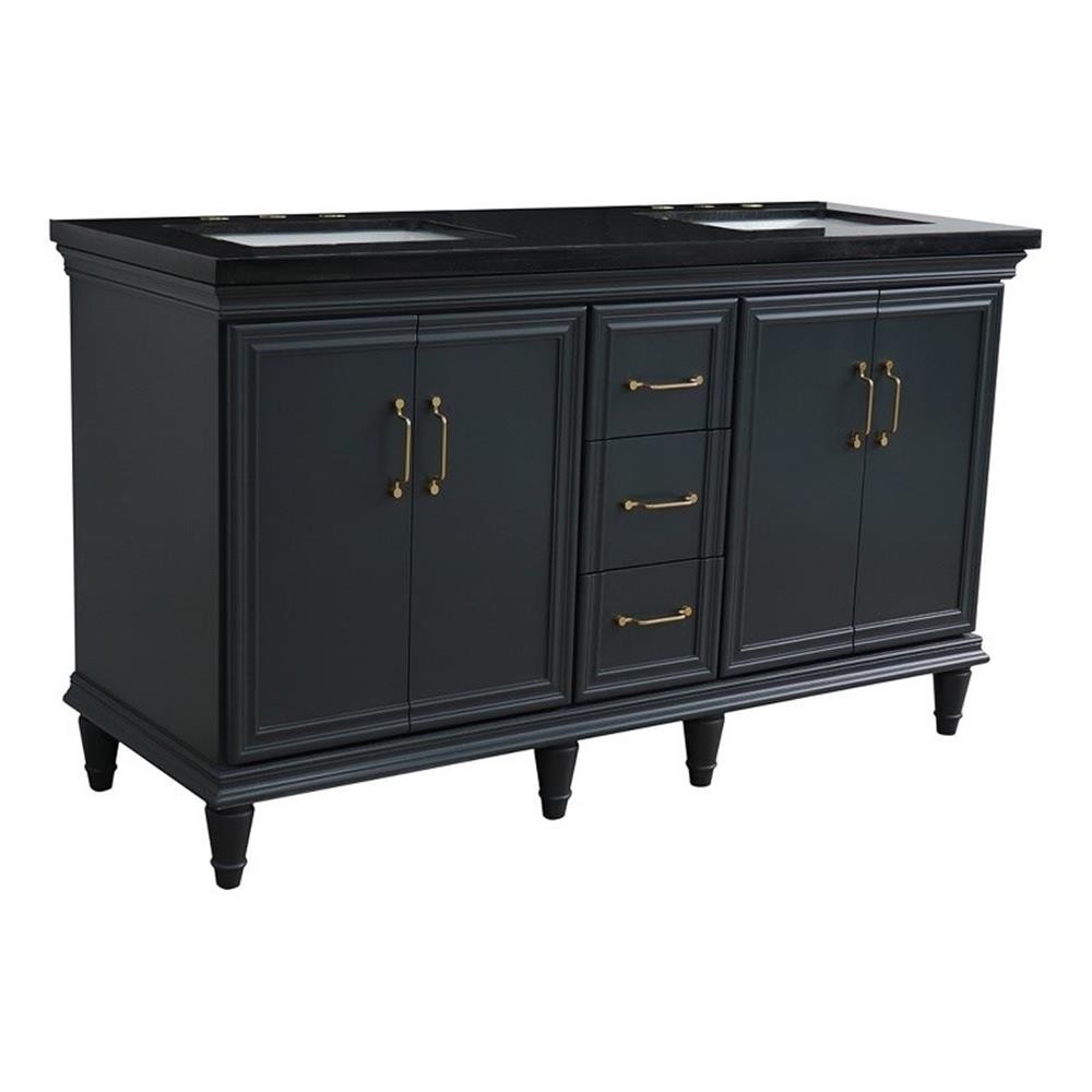 61 in. Double Wooden Vanity Dark Gray Black Galaxy Granite Rectangle Sink