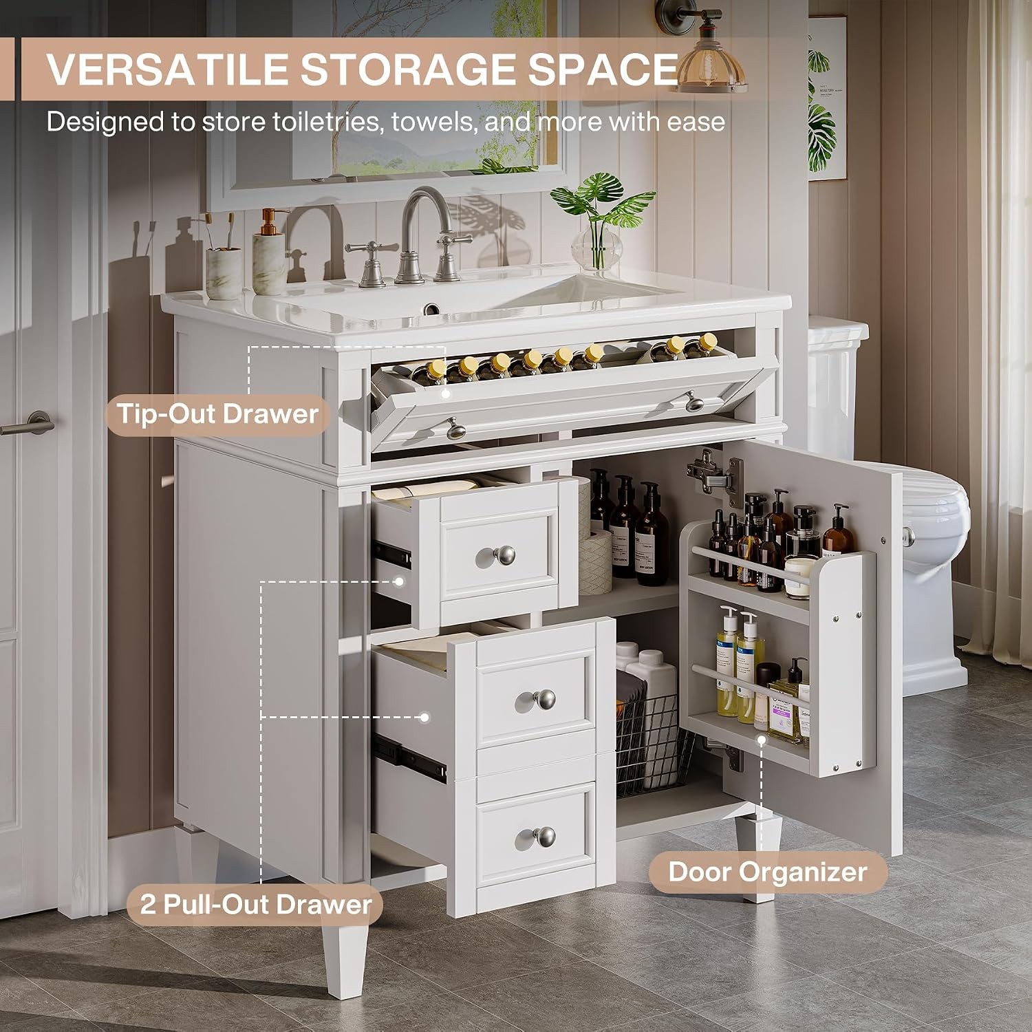 30″ Bathroom Vanity w/Ceramic Sink, 3 Drawers, Freestanding Bath Vanity Cabinet