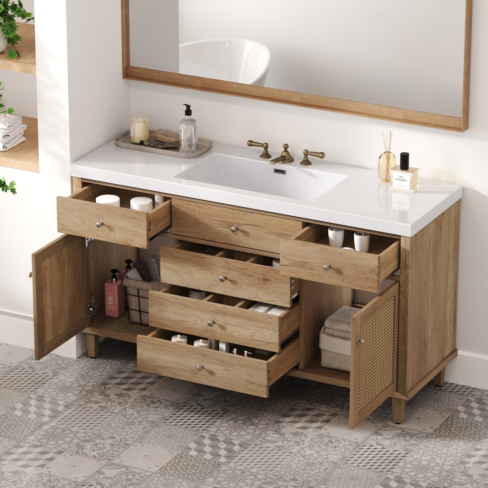 60″ Wooden Bathroom Vanity Cabinet with SMC Sink Storage Drawers Rattan Doors