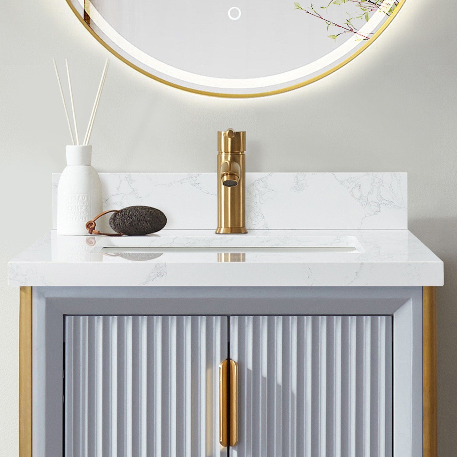 Malaga 25″W x 22″D Composite Stone Vanity Top in Grain White with Ceramic Sink
