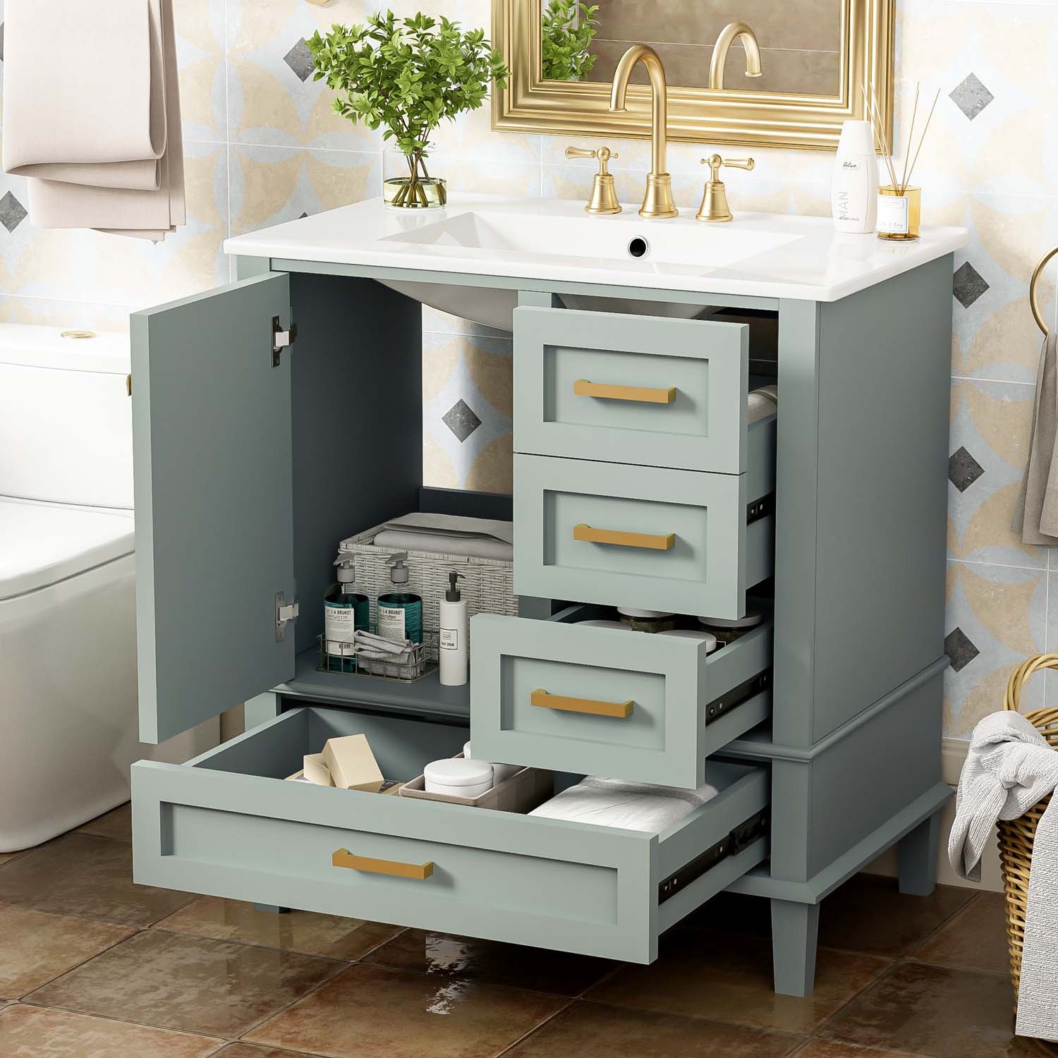 30″ Freestanding Bathroom Vanity Black Green Solid Wood Soft-Close 3 Drawer Sink
