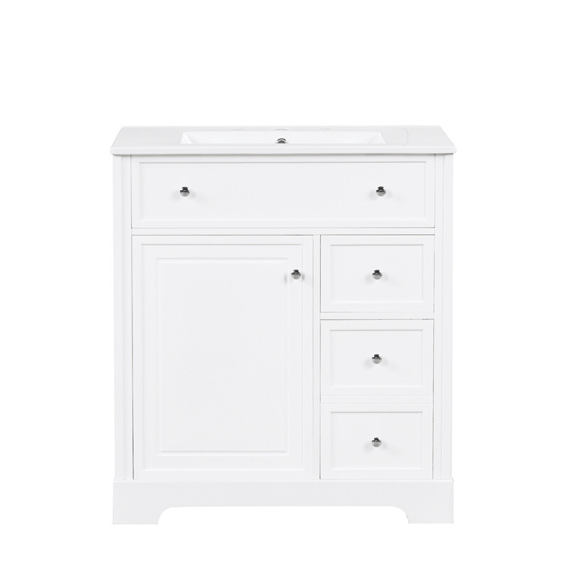 30″ White Bathroom Vanity with Ceramic Sink Set Storage Cabinet w/Door & Drawers