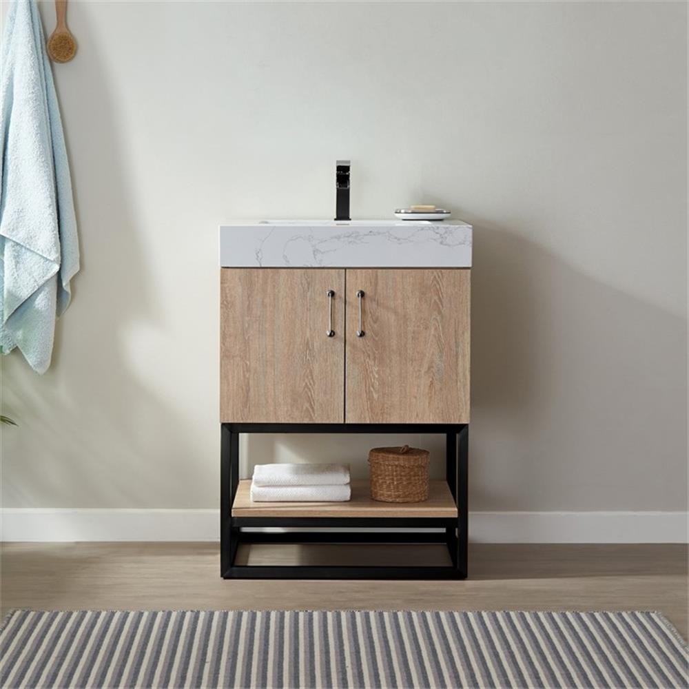 Pemberly Row 24″ White Stone Top Oak Single Vanity Black Frame with o Mirror