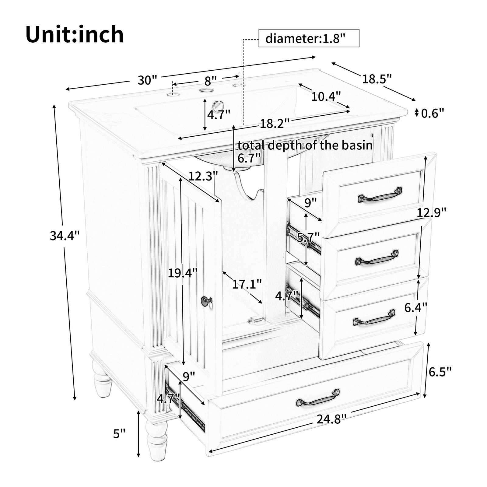 30″ Bathroom Vanity with Sink, Bathroom Cabinet with A Door, Three Drawers Black