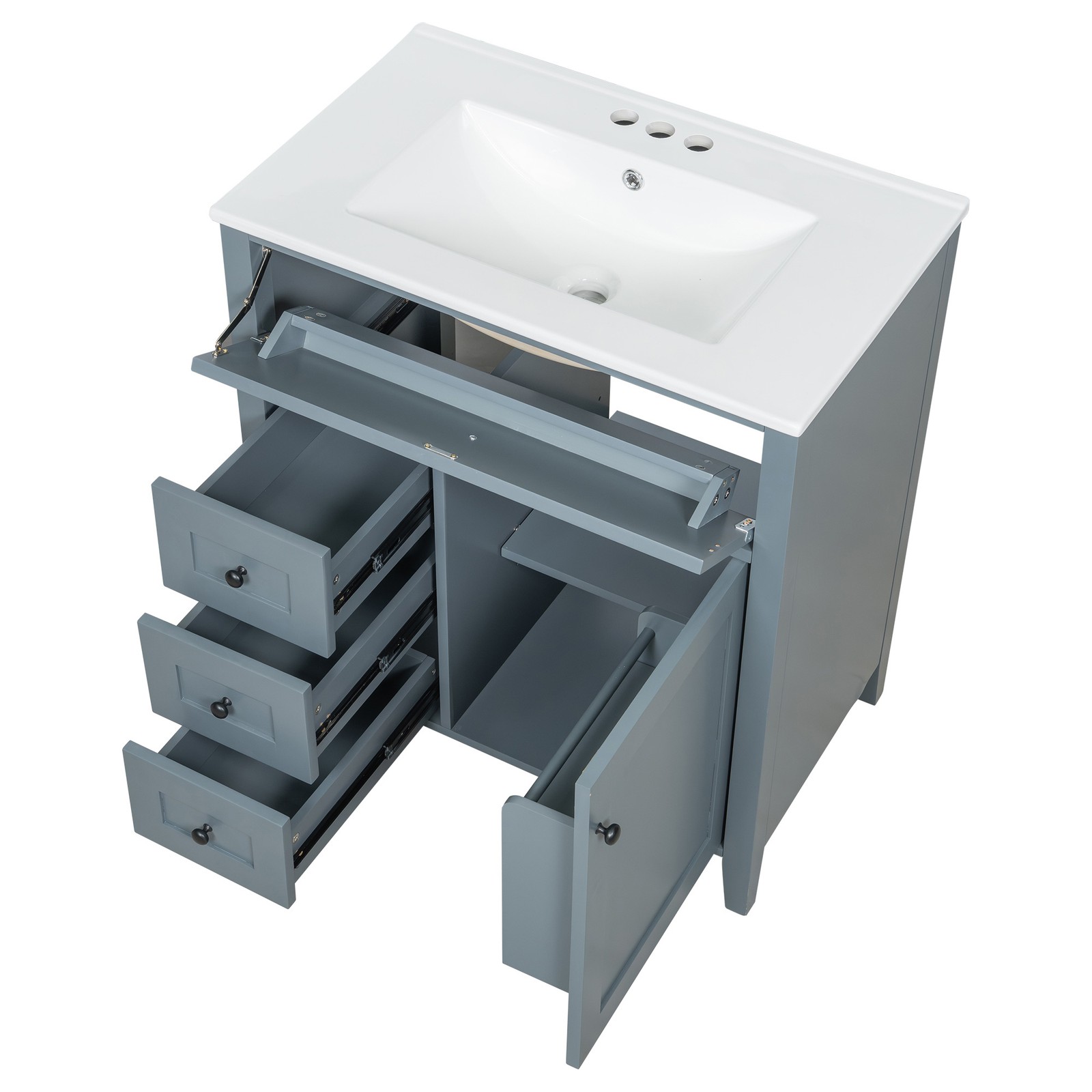 30″ Blue Gray Bathroom Vanity with Sink, 3 Drawers & Cabinet