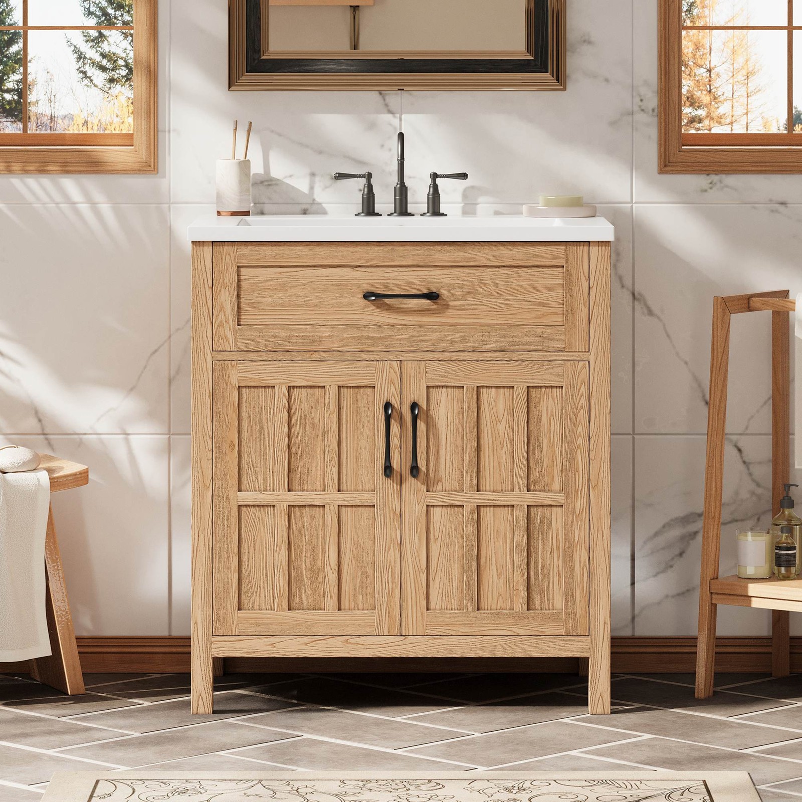 FUNIDEE 30″ Bathroom Vanity with Resin Sink Storage Cabinet w/ Adjustable Shelf