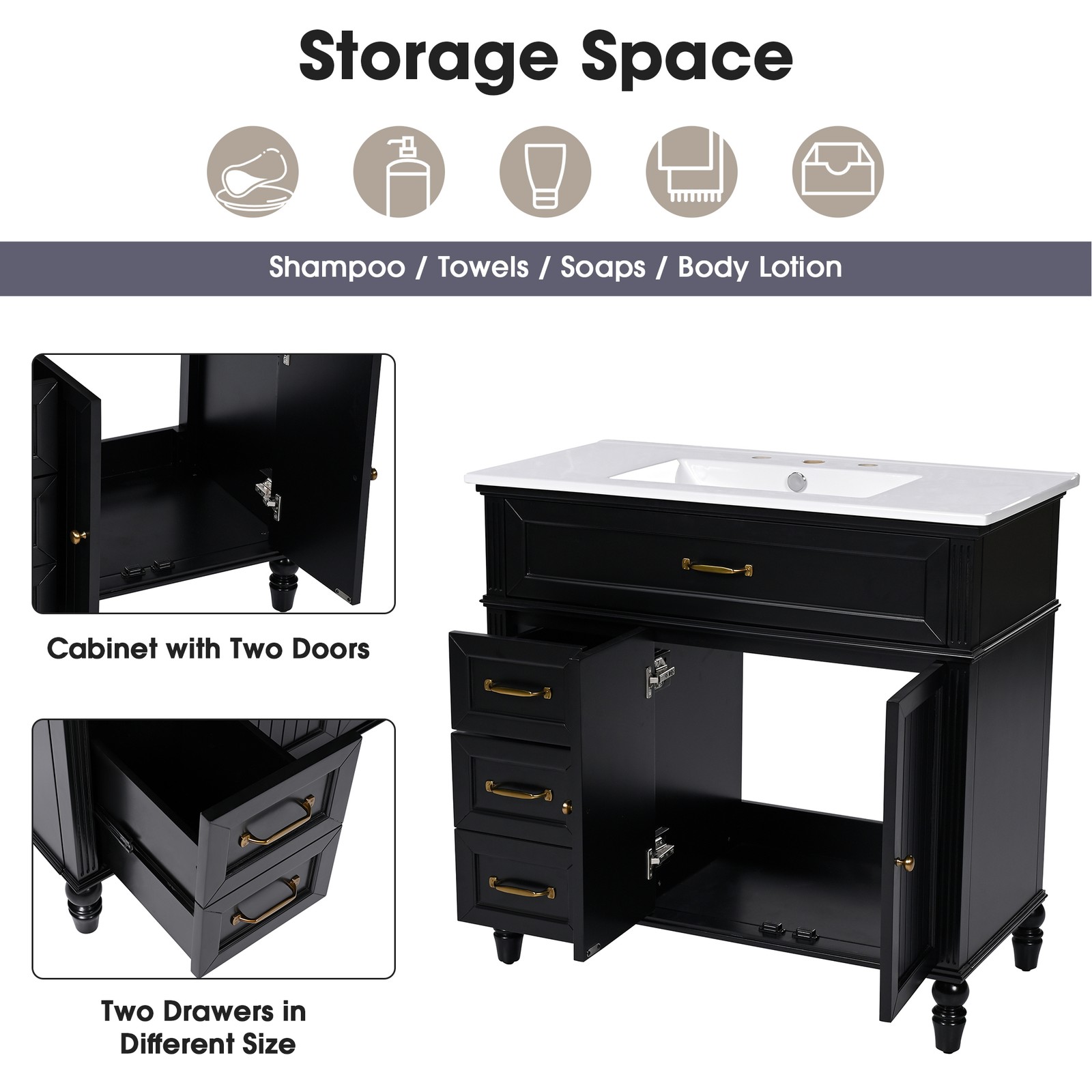 36″ Bathroom Vanity with Sink & Drawers, Black, Solid Wood Frame & MDF