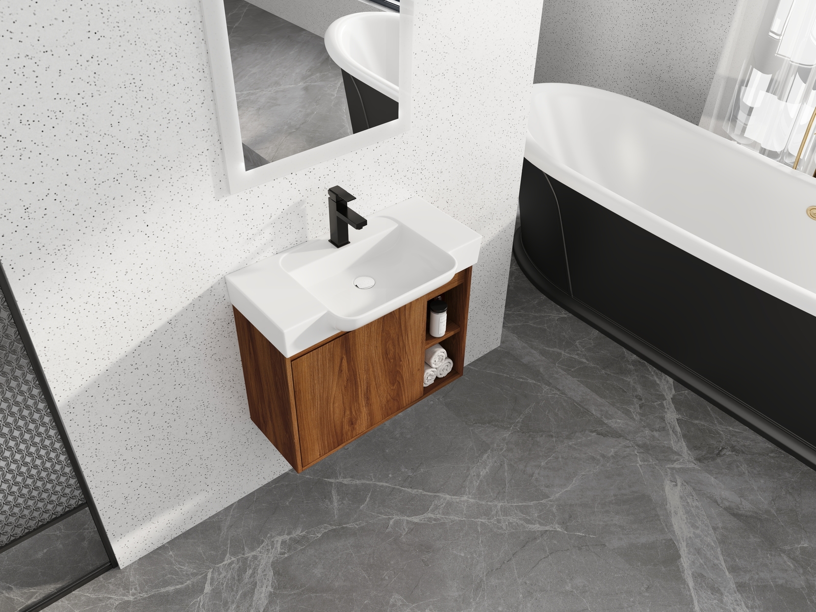 28” Plywood Wall-Mounted Bathroom Vanity Cabinet W/ Ceramic Sink /Shelves Brown